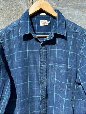 Faherty Brand Mens Large Button Up Shirt Blue Plaid Cotton Slim Fit Indigo Dyed